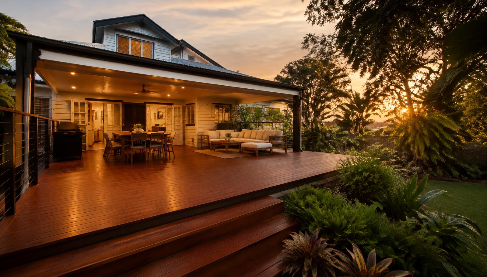 Timber deck on a Brisbane home at sunset